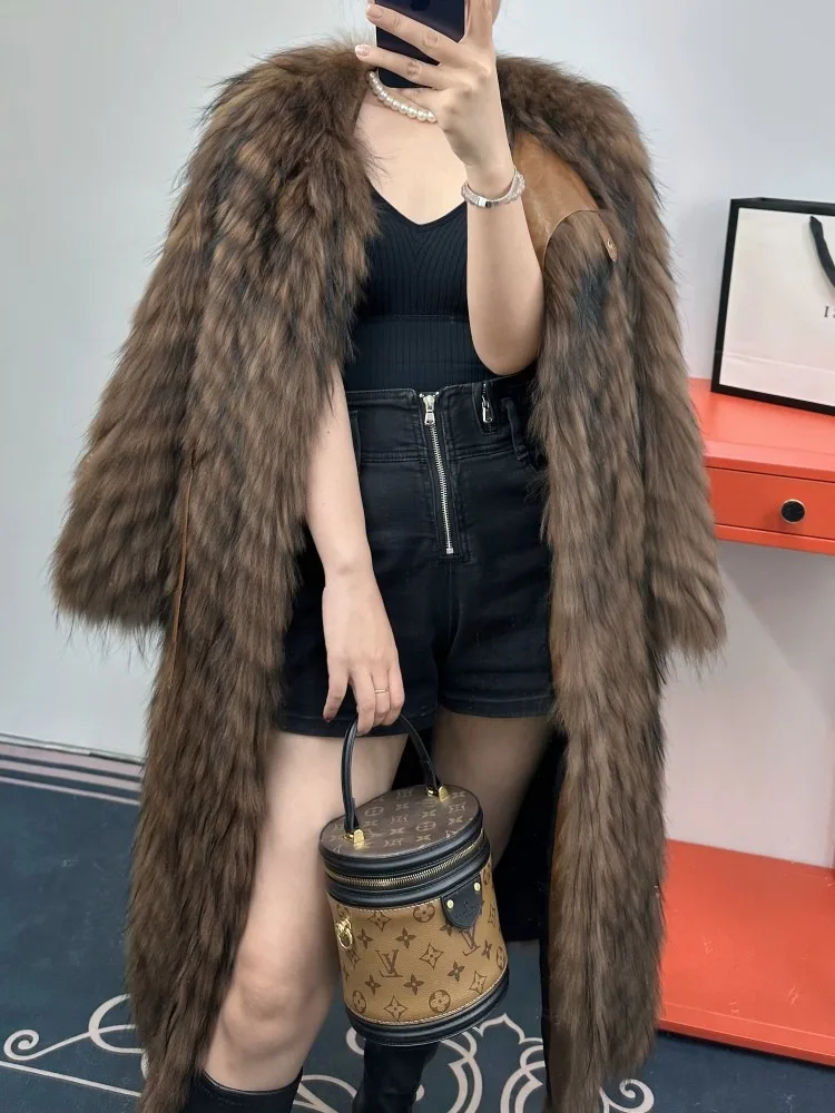 Hot-selling Autumn Winter New Natural Real Raccoon Fur Strip Fur Coat Fashion long Jacket Raccoon Fur Coat Warm Streetwear