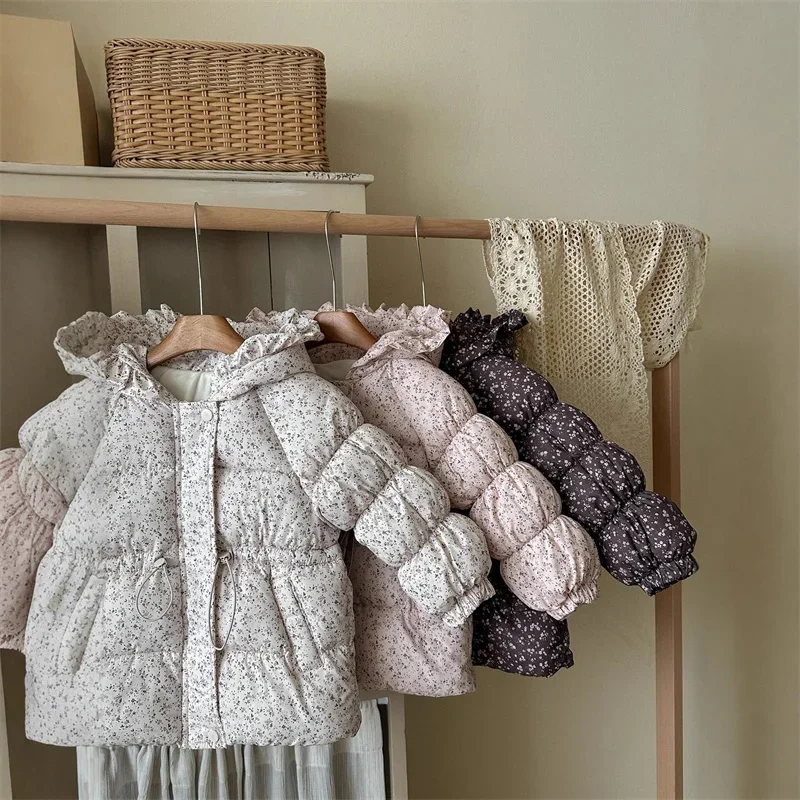 Baby Girls Floral Puffer Jacket Ruffle Hood Padded Coat Quilted Warm Outerwear for Kids Fall Winter School Daily Wear 3-10 Years