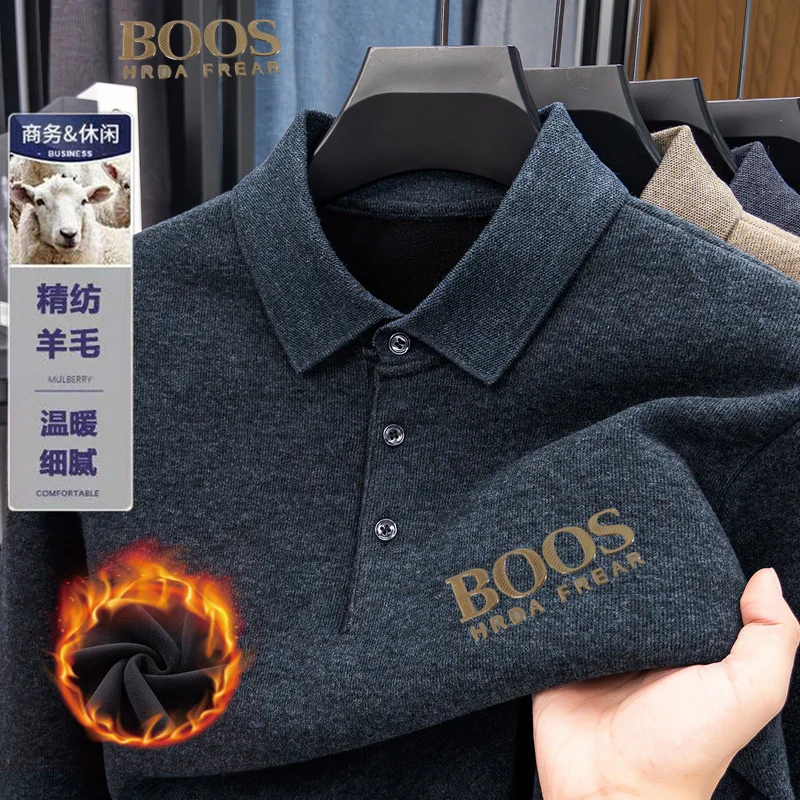 

Winter New Men's Fleece-Lined Wool-Infused Long-Sleeved T-Shirt Lapel Solid Color Casual T-Shirt for Middle-Aged and Youn