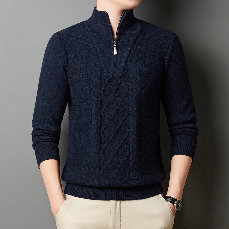Men Thick Warm Zipper Collar Knitted Sweater Fashion Men Base Shirt Pure Color Sweater Autumn Winter Male Trend Pullover