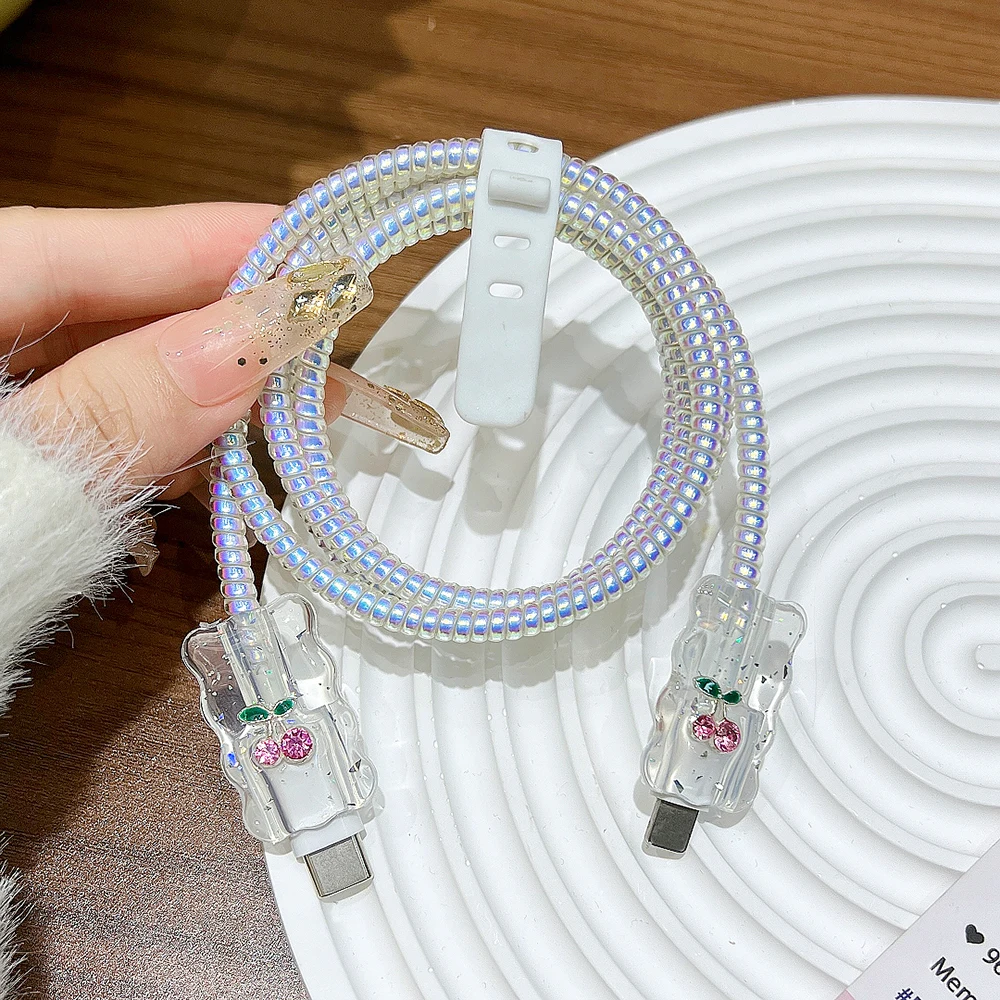 Clear Shining Cherry Bowknot Charger Cover for iPhone 18 17 16 15 14 13 18W 20W Charging Head Cable Protector Organizer Kit