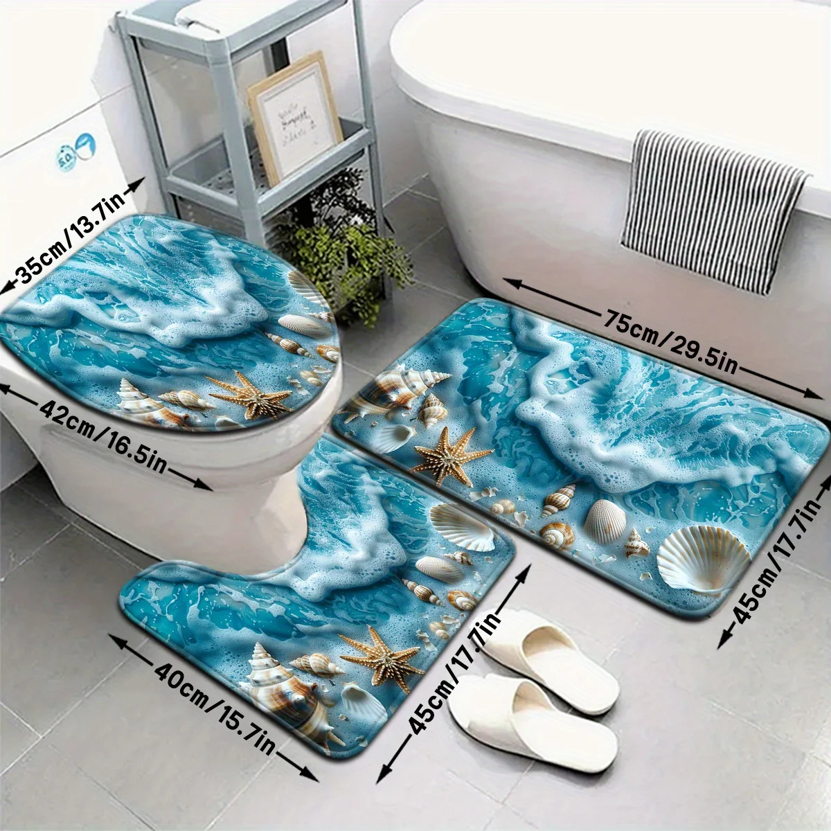 

Набор для ванной комнаты из 3 предметов: 3D-коврик с узором морских волн и ракушек, нескользящая крышка для унитаза, U-образный коврик для пола, декор для дома