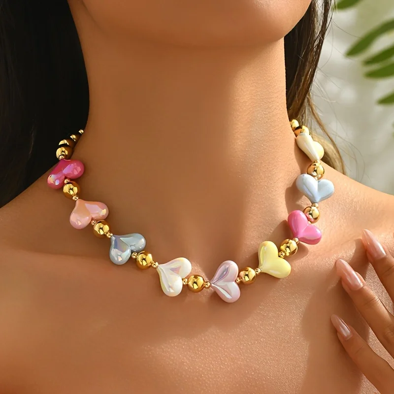 Summer Beach Resort Style Colorful Love Heart Splicing Necklace Ladies Personalized Trend Holiday Party Accessories Gifts