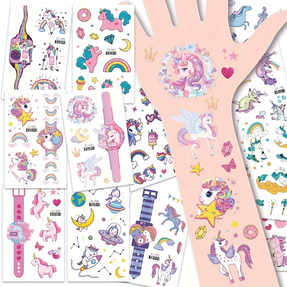 12 Sheets Glitter Pink Unicorn Temporary Tattoos Cute Cartoon Waterproof Shiny Rainbow Unicorn Tattoo Stickers Sparkling Tattoos