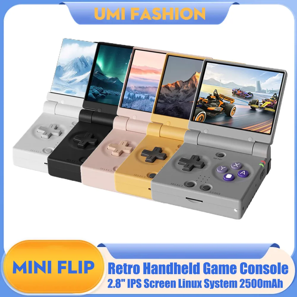 

Портативная игровая консоль Mini Flip Retro с IPS-экраном 2,8 дюйма, системой Linux, аккумулятором 2500 мАч, эмулятором ретро-игр и видеоплеером