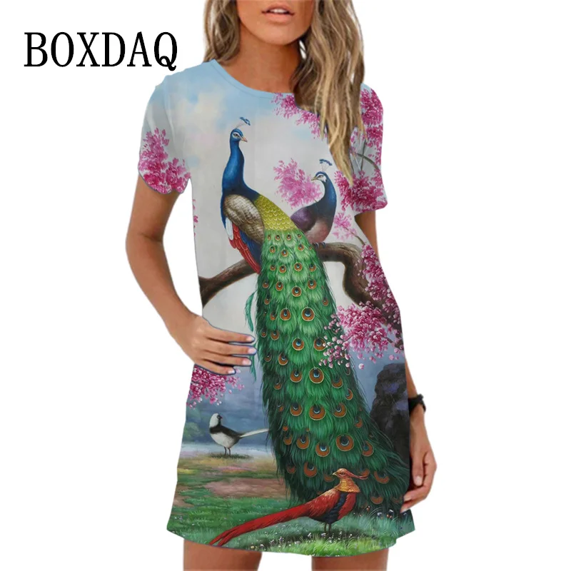 Peacock 3D Print Dress Women's Graffiti Pattern Kawaii Dress Fashion Short Sleeve Summer Clothing Women's O-Neck Loose Fit Dress