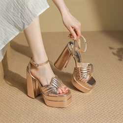 Ultra-High Thick Heel Patent Leather Material Cross Binding Open-Toe Popular Sandals Double-Layer Platform Cut-Out Women's Shoes