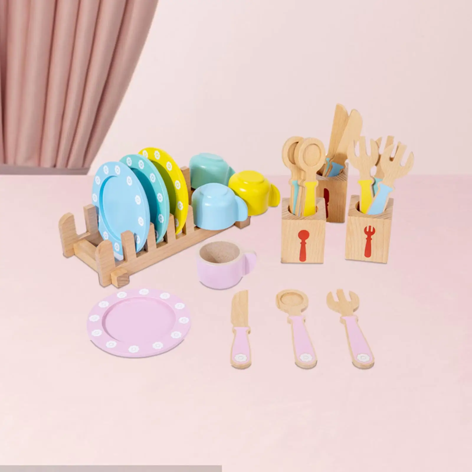 Kitchen Set Toy Wooden Play Dishes and Plates for 3 4 5 6 7 8 Year Olds
