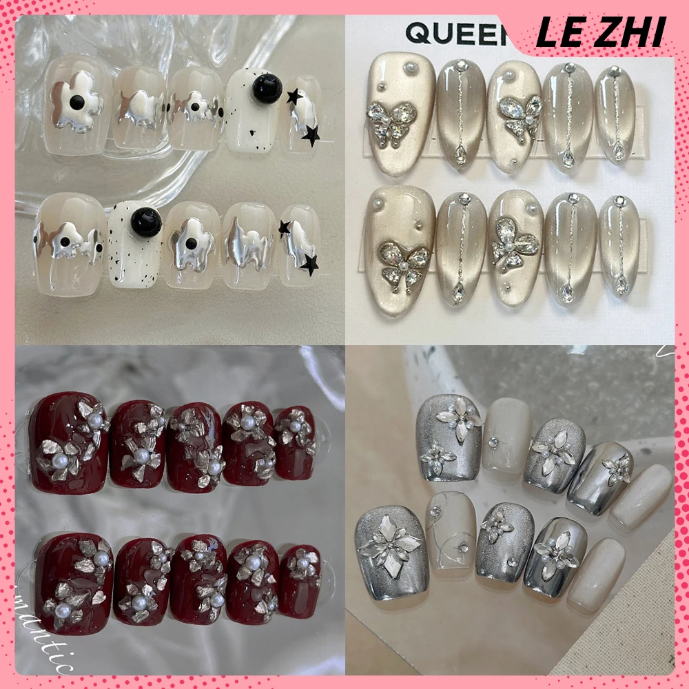 

10Pcs High Quality Short Handmade Wearable Full Cover Fake Nails Cute Glitter Rhinestone Pearl Bowknot Design Reusable Fake Nail