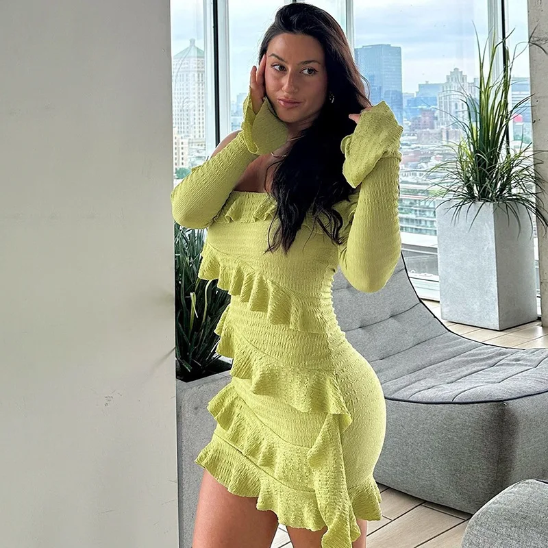 

Elegant Lady Bodycon Ruffles Mini Dress For Women Fashion Long Flare Sleeve Backless Dresses Summer Party Club Streetwear 2025