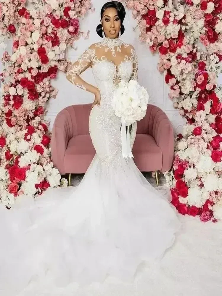 

Customized Fashion High Neck Shinny Beads Appliques Mermaid Wedding Dress Sweep Train Illusion Full Sleeves Vestido De Noiva