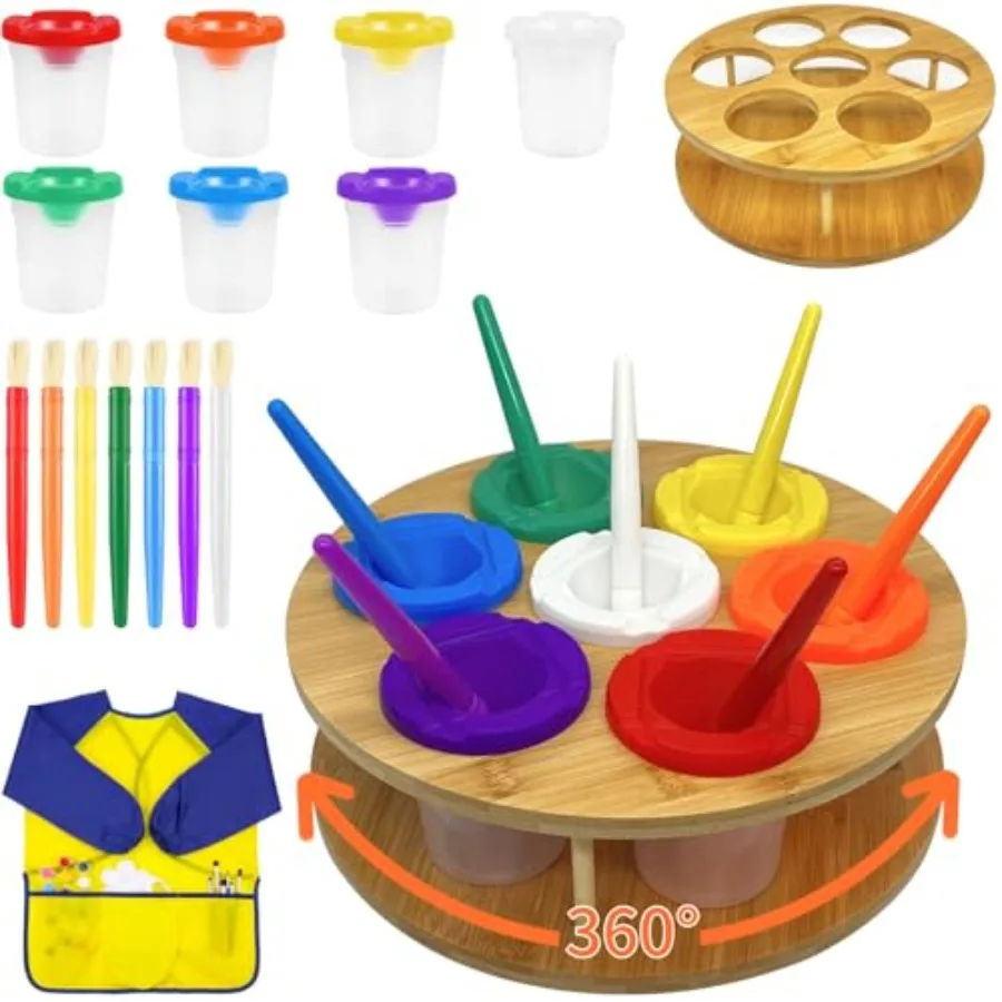 

Paint Cups with Lids for,7pcs Spill Proof Painting Cups with Rotating Holder Toddler Paints Brushes No Spill Paint Cups with Ar