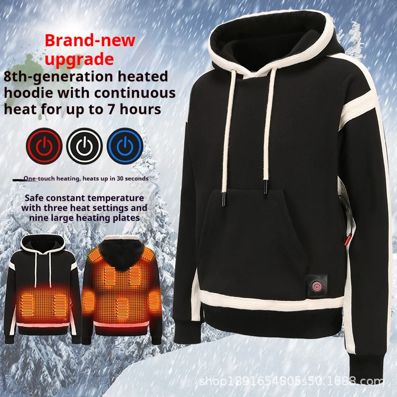 Mens USB Heated Hoodie Jacket Thick Fleece Lined Thermal Warm Hooded Coat Winter Outdoor Sports Electric Heating Sweatshirt