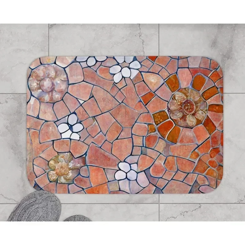 Terra Cotta Mosaic Bath Mat,Antoni Gaudi Unique Barcelona Boho Flowers Bathroom Decor, Red Orange Rusty Brick Artsy Non Slip Rug