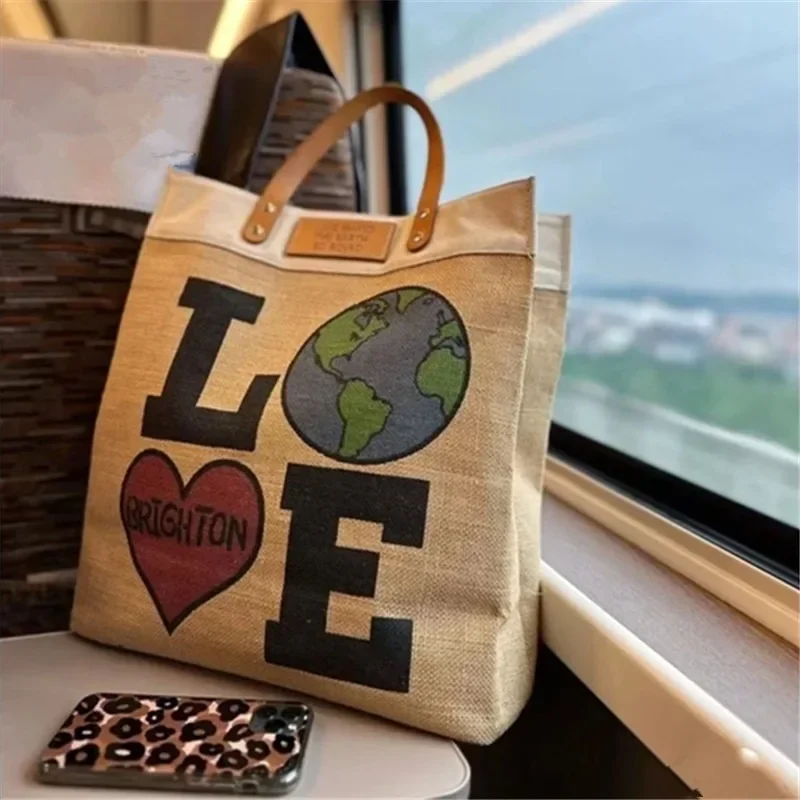 

Trendy Hemp Tote Bag, "LOVE" Logo with Brighton Themed Heart, Interpreting Unique Fashion Appeal For Work, Shopping, Travel Bag