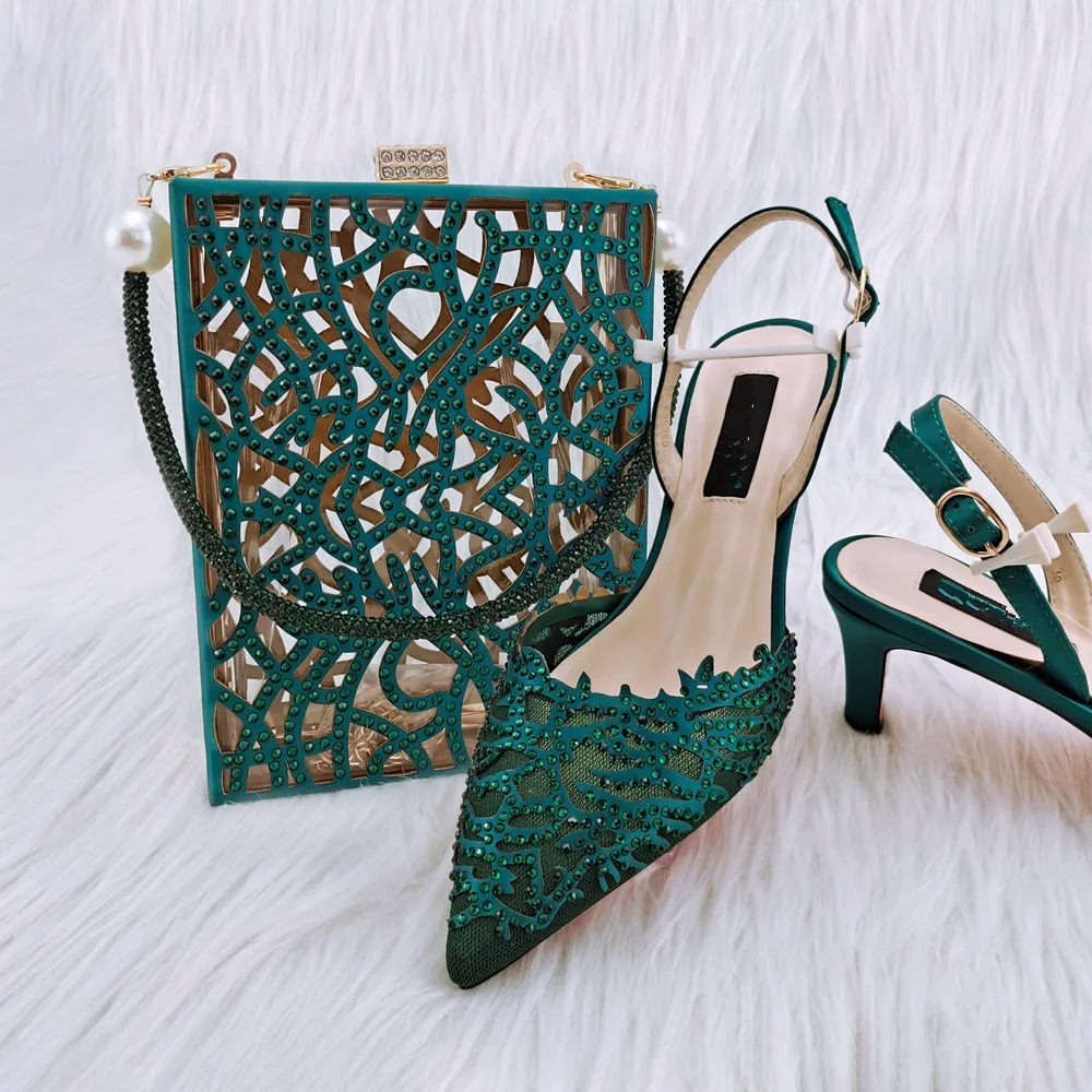 

Beautiful Green Women Pointed Toe Shoes Match Handbag With Crystal Decoration African Dressing Pumps And Bag Set QSL063,Heel 7CM