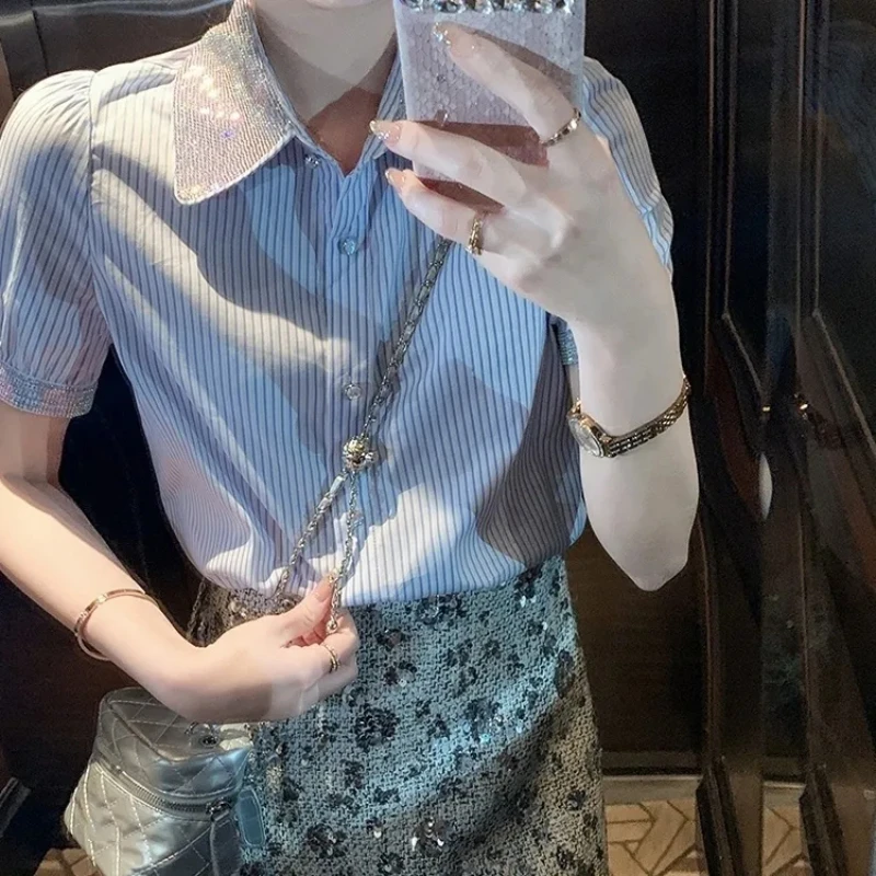 

Шикарная женская рубашка в синюю полоску с лацканами и пайетками, офисный женский топ с короткими рукавами, лето 2021, модная универсальная новая свободная блузка
