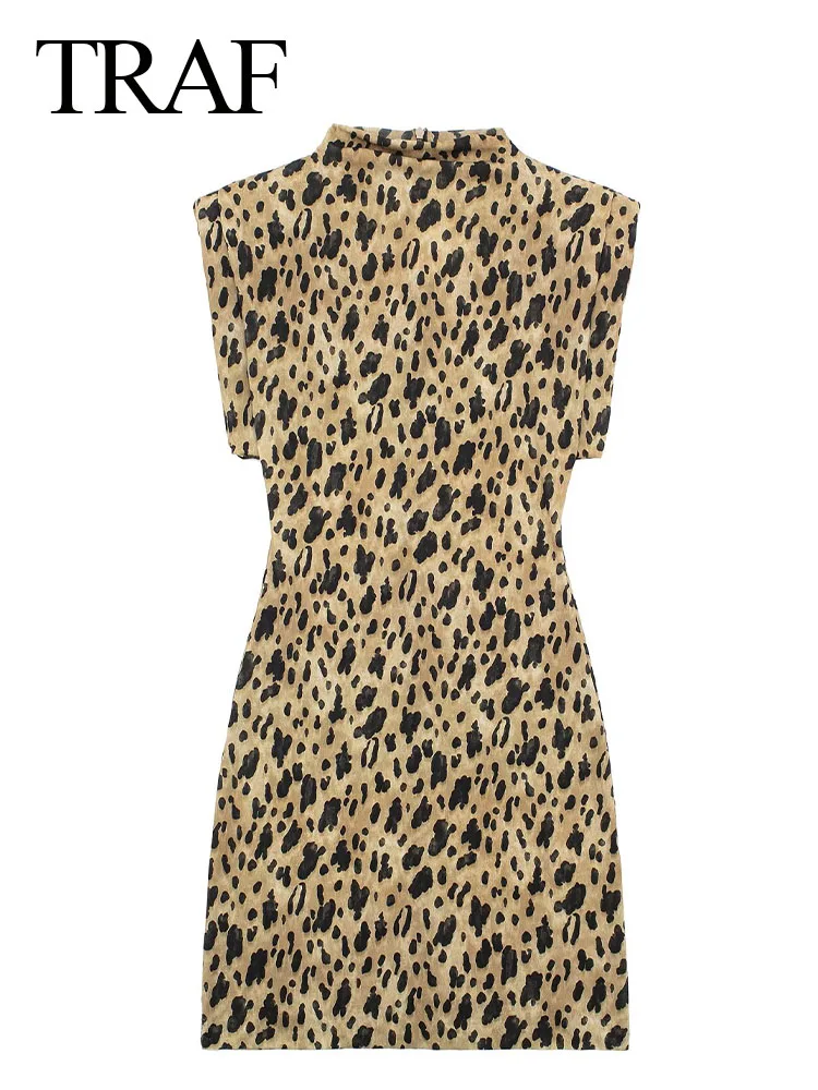 TRAFZA 2024 Nuova Donna Abito con stampa leopardata Senza maniche Abiti da donna sottili Chic Sexy Party Vintage Mini abito da sera femminile