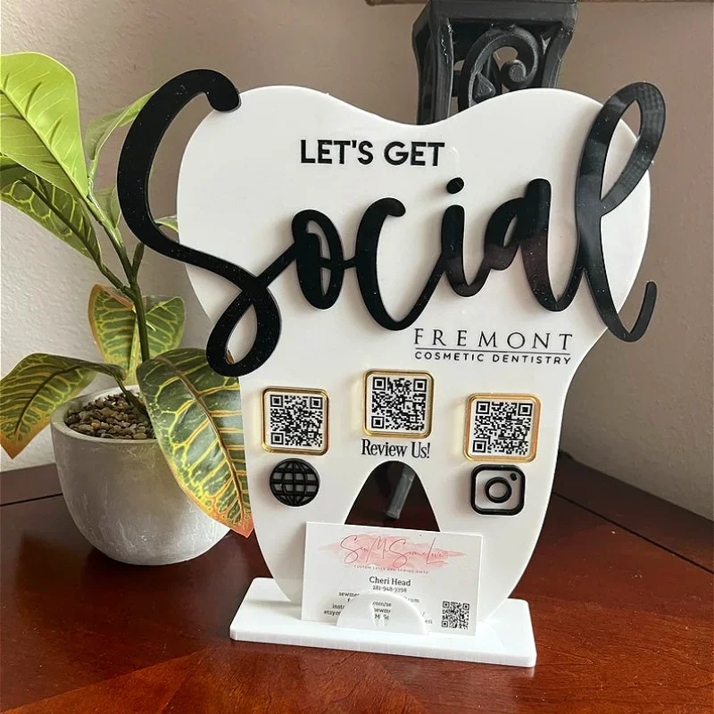 Señal de medios sociales con código QR dental personalizado para oficinas dentales, letrero acrílico para obtener reseñas y conectar redes sociales para pacientes
