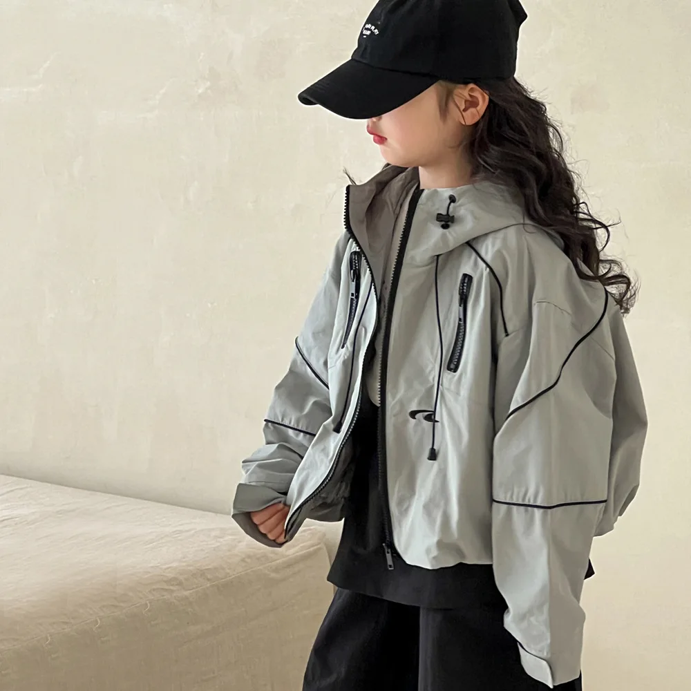 

Girls Coat 2025 Autumn New Korean Version Fashion Handsome Trench Coat Going Out Warm Concise Jacket Casual Top