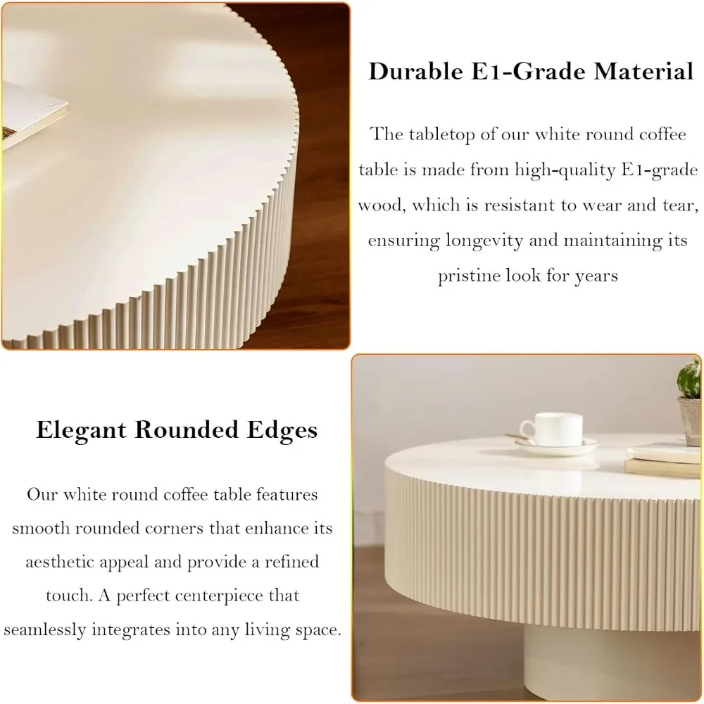 Modern Fluted Drum Coffee Table with Handcraft Embossed Edge Design & Stable & Sturdy Pedestal