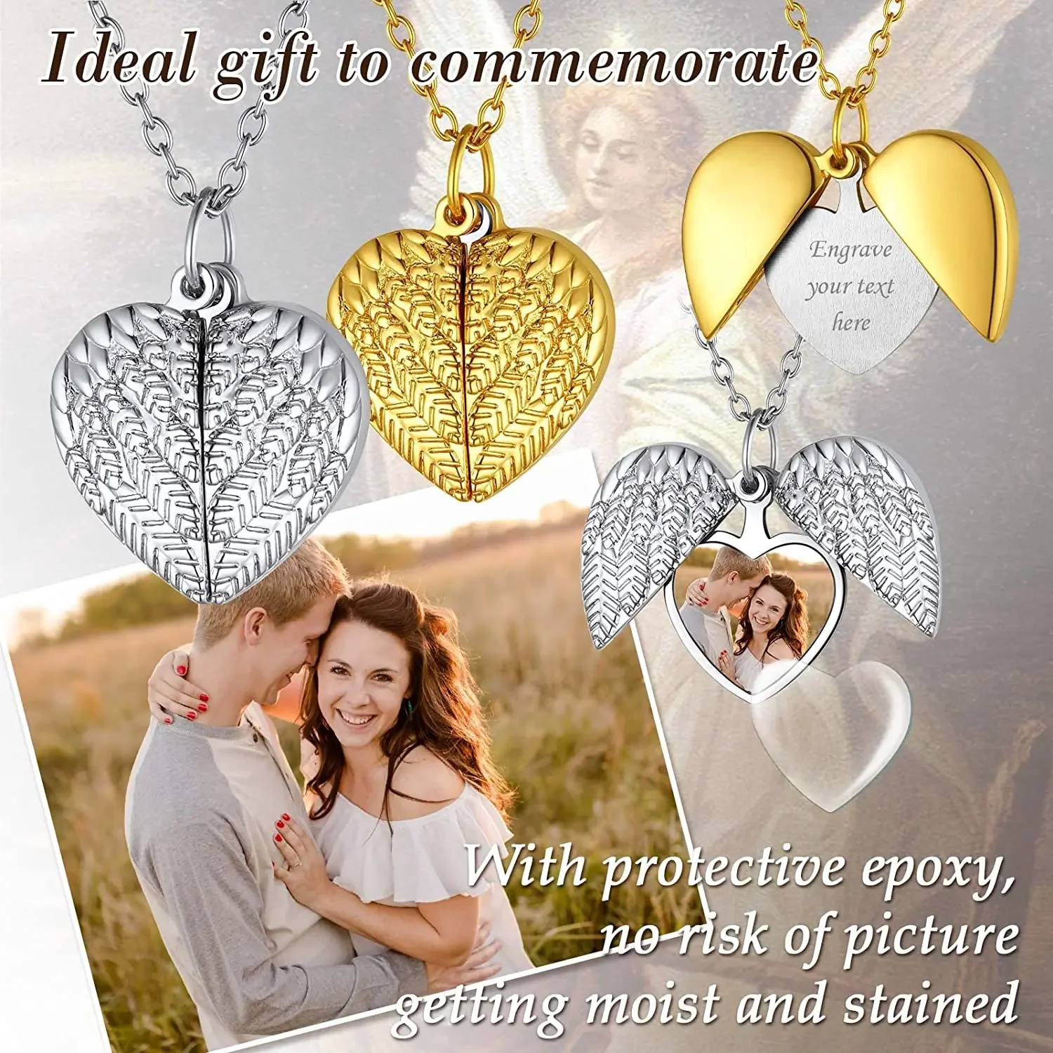 U7 Personalized Heart Locket Necklace Angel Wings Pendant with Photo Printing Dainty Color Picture Memorial Jewelry for Women