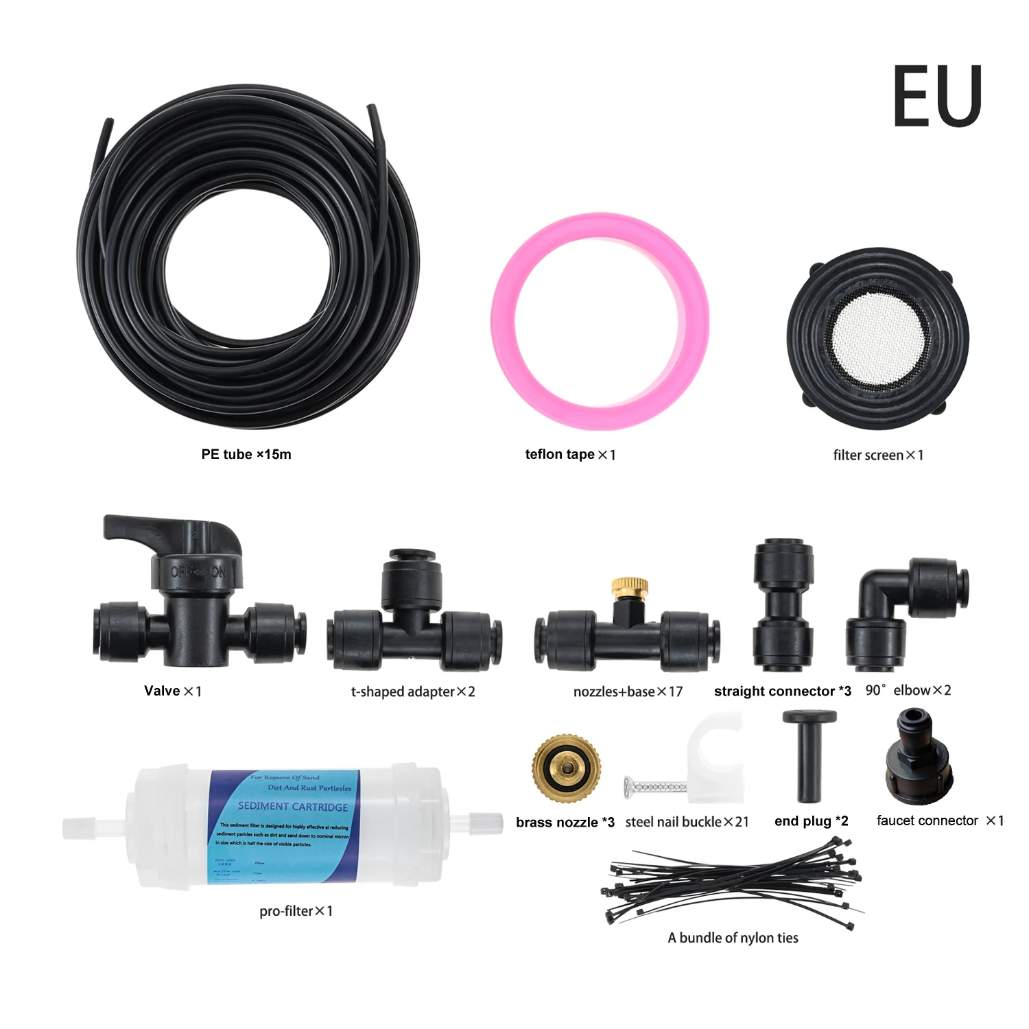 Outdoor Misting Cooling System 50FT/15M Mist Line 17 Brass Nozzles Adapters fit 3/4