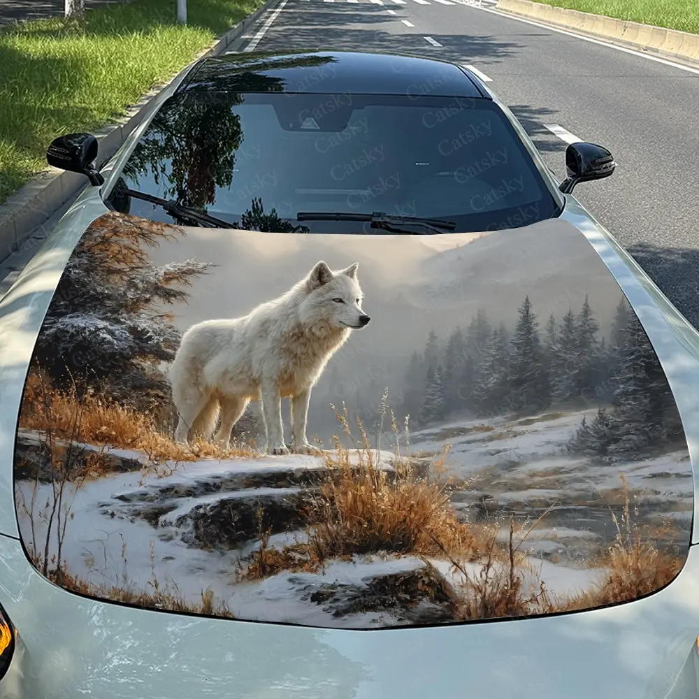 The Wolf Standing On The Rock Car Hood Decal Sticker, Durable Car Vinyl Wraps Suitable For Most Vehicles, Car Engine Hood Protec