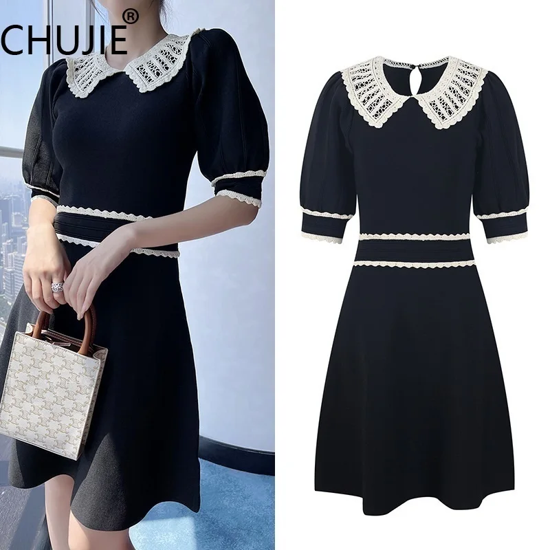 

CHUJIE 2025 Summer Black Dress - Vintage Inspired Lace Peter Pan Collar Short Sleeve Slim Fit Knit Dress, Blend Fabric