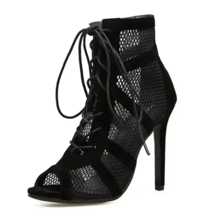 Sexy High Heels Hollow Mesh Sandals Women Summer Cross-tied Peep Toe Heeled Sandals Ankle Strap Dance Shoes Black Net Sandals