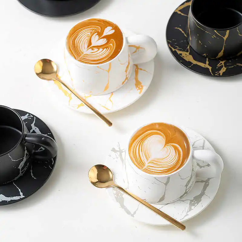 219ml European Luxury Italian Coffee Cup Dish Marble Texture Afteroon Tea Cup And Plate Set Exquisite Creative Ceramic Mug Sets