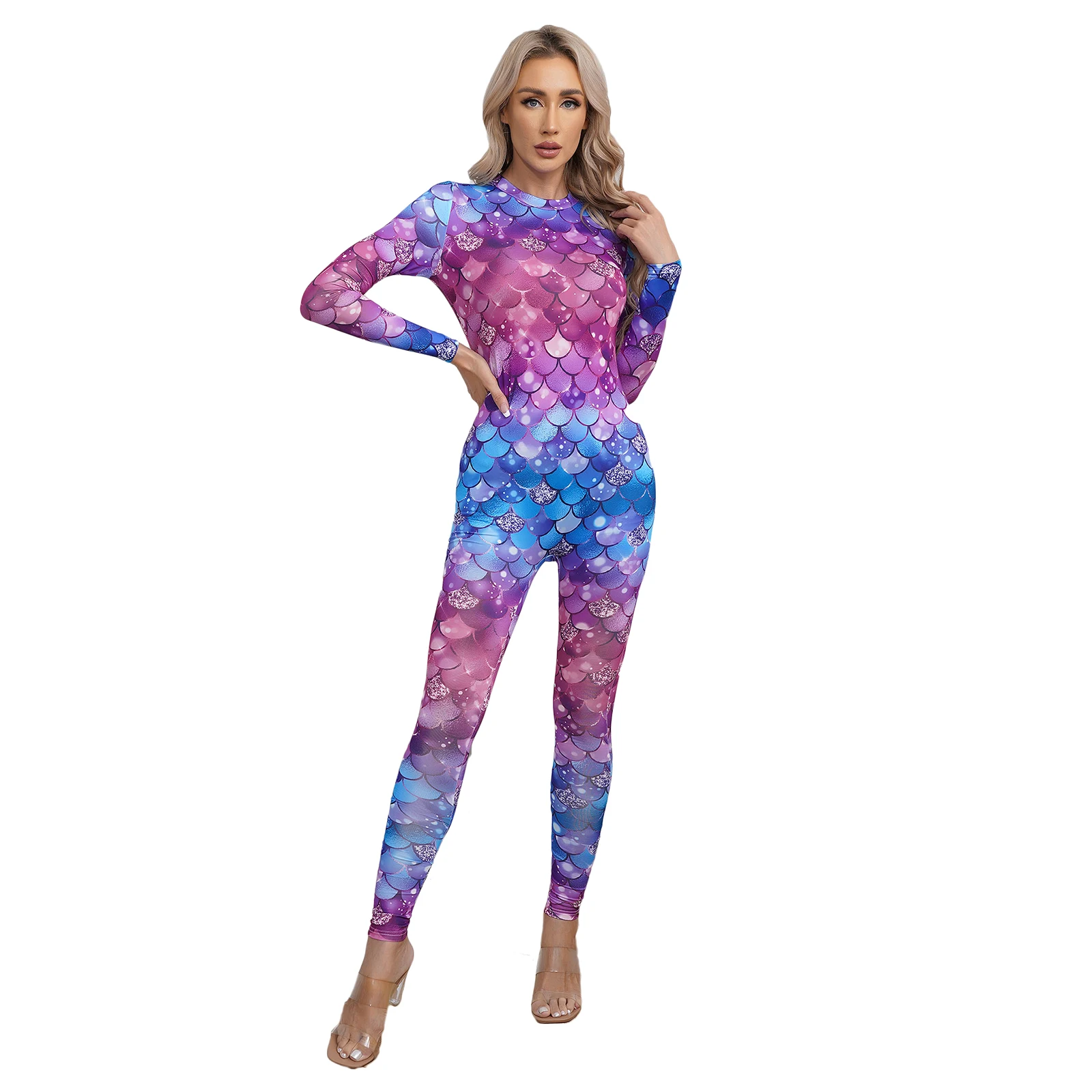 Womens Mermaid Swimsuit Shiny Fish Scale Print Bodysuit Long Sleeve Zipper Jumpsuit Rash Guards Beach Bathing Suit Swimwear