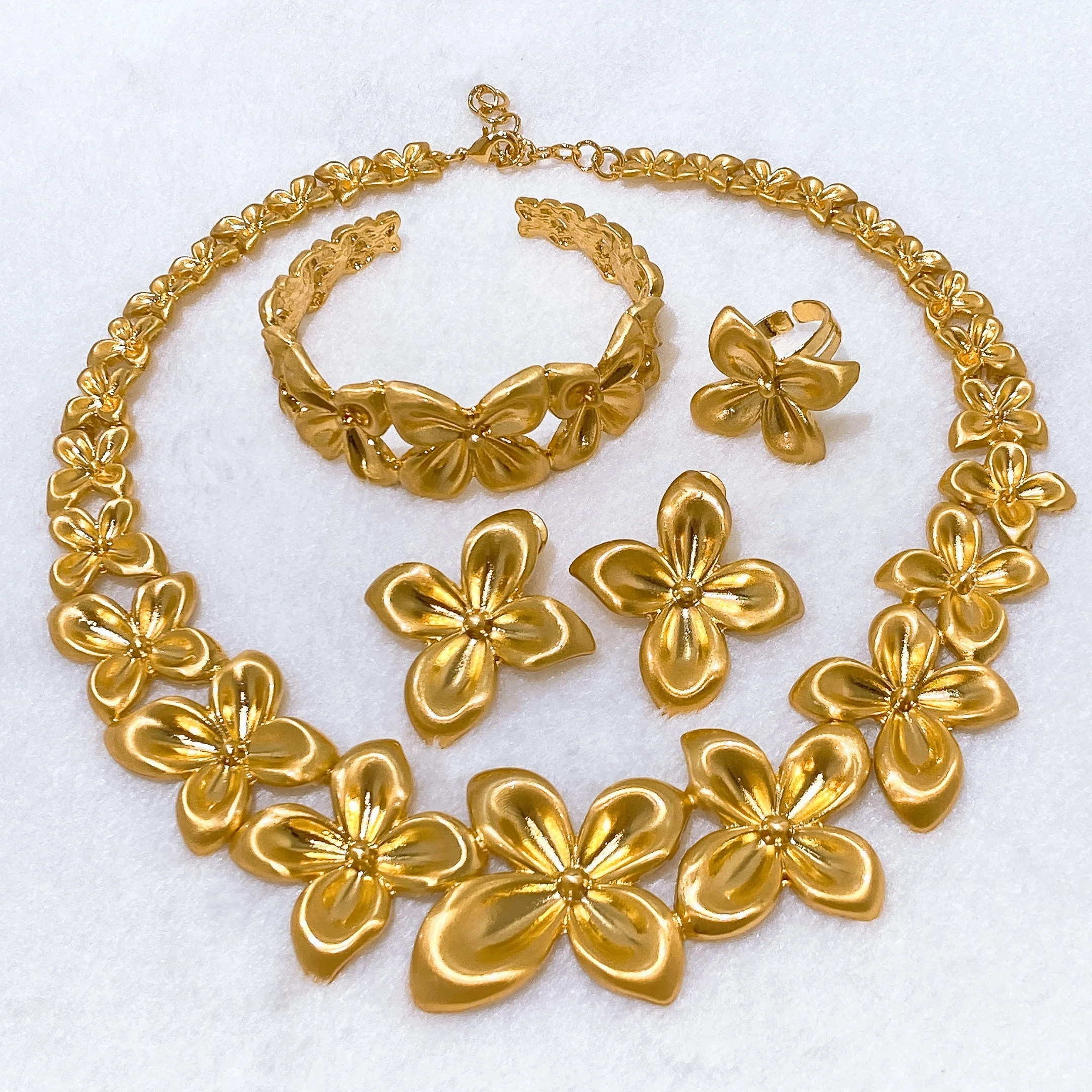Gold Tone Silver Two Tone Floral Heart Jewelry Set Necklace Bracelet Earrings Ring Vintage Chunky Statement Women Wedding Party