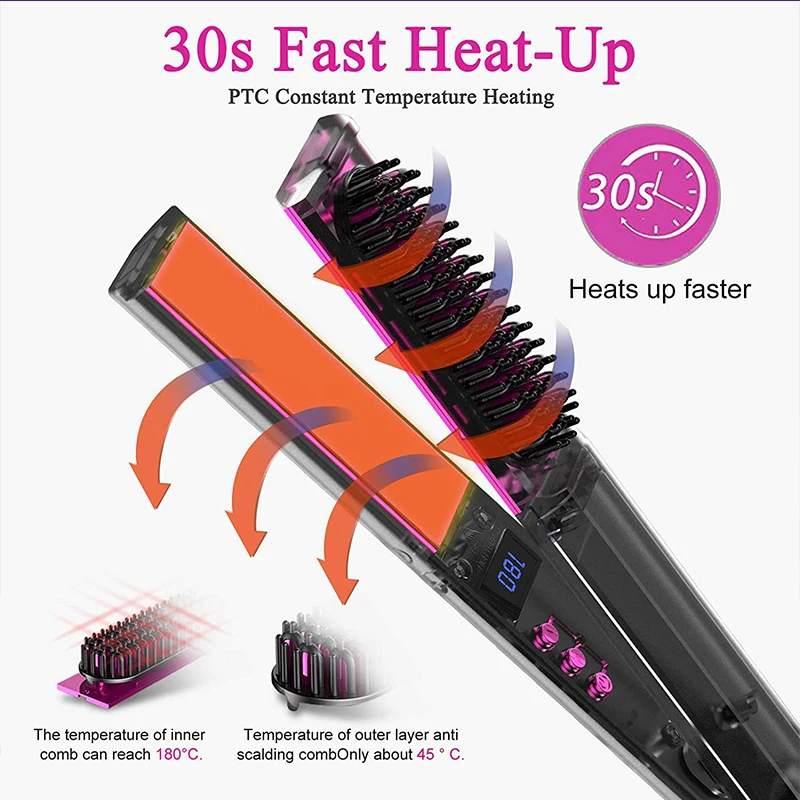 2 in 1 Hair Straightener Multifunctional Curling & Straightening Brush Ceramic Hot Comb Generator Helps Reduce Frizz Salon Tools view 5