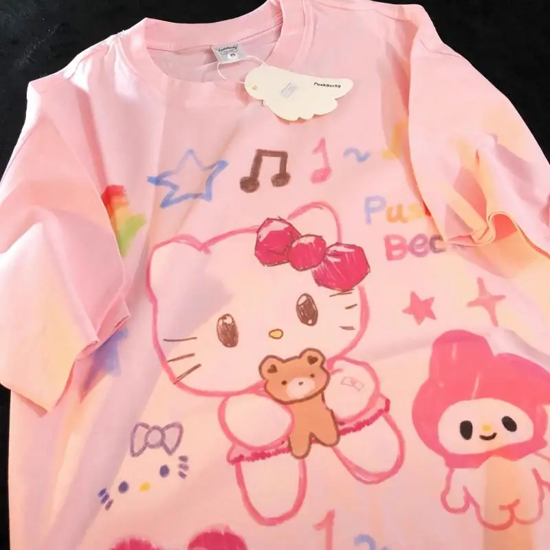

Sanrios Kawaii футболка с короткими рукавами с героями мультфильмов «Hello Kitty», милая универсальная футболка с круглым вырезом, удобная свободная повседневная элитная футболка, подарки
