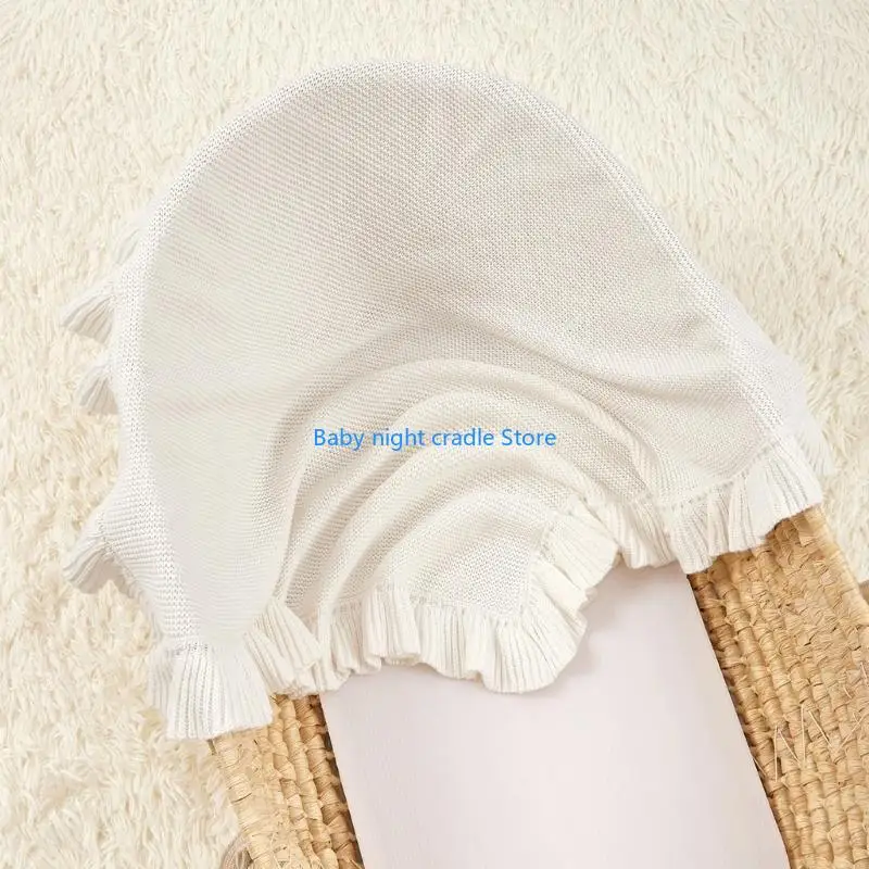 J2FF بطانية أطفال محبوكة من القطن لحديثي الولادة، منشفة ملفوفة مع زخرفة كشكش #2