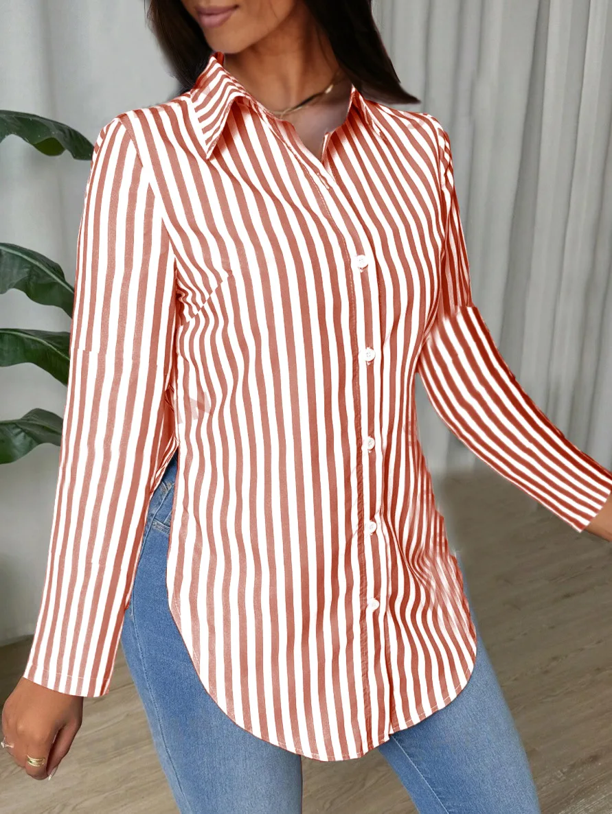 2024 Fashion Long Sleeve Stripe Shirt Women Spring Autumn Lapel Casual Basic Top Femme Side Slit Women's Tops And Blouses Shirts