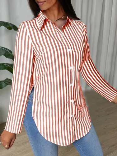 Imagen 2 del producto Camisa a rayas de manga larga para mujer, Top básico informal con solapa para primavera y otoño, Tops y blusas con abertura lateral para mujer 2024