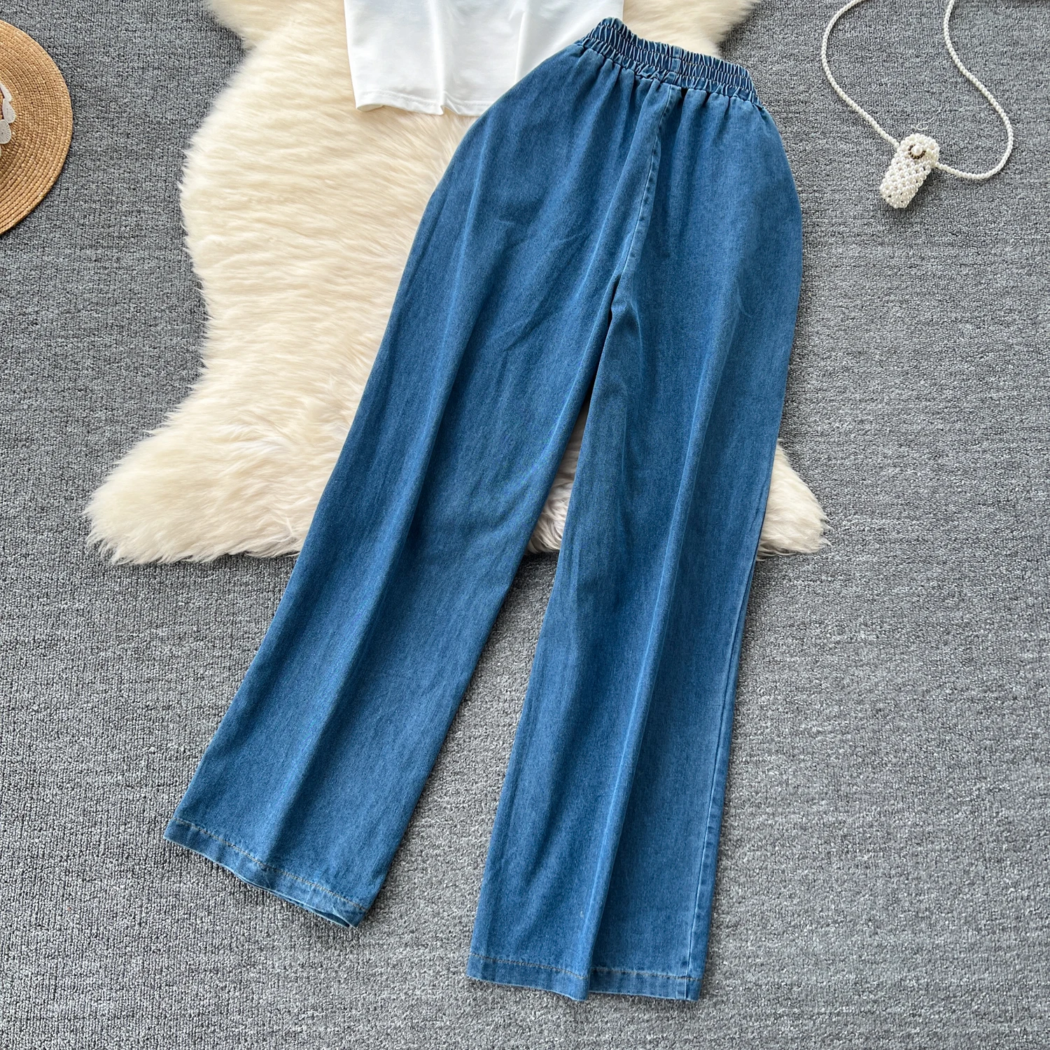 Women Denim pant sets Design Sense Matching Color Short-sleeved T-shirt Tops + High-waisted Casual matching suits