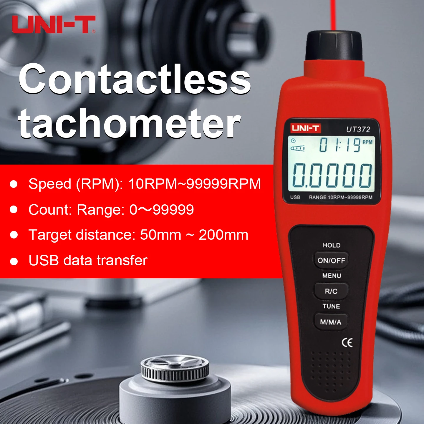 UNI-T Contactless Tachometer UT372 Digital RPM Meter Laser Speed Tester 10-99999RPM USB Data Transfer LCD for Motor Engine - view 2