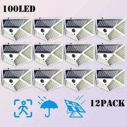 1~12pcs Solar Lights Outdoor 100 LED Wall Lamp PIR Motion Sensor Light 3 Lighting Modes Sunlight Street Light for Garden Fence