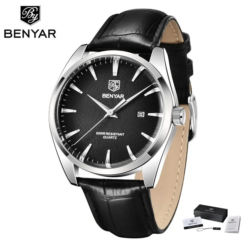 2026 Genuine Product Benyar 5163 Luxury Military Men's Quartz Watch, Leather Strap Waterproof Simple Wristwatch, Reloj Hombre