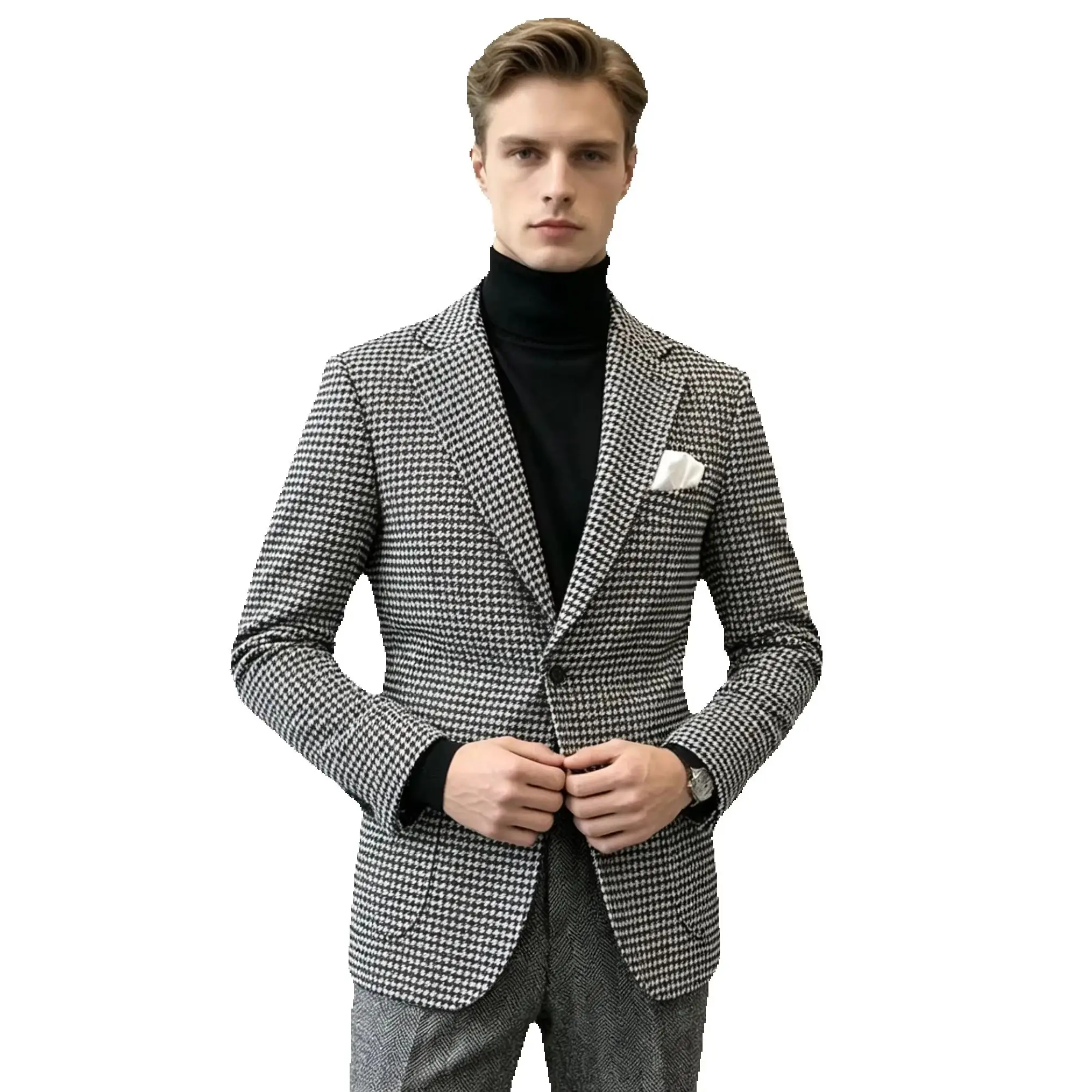 1Pieces Smart Casual Men's Houndstooth Suit Plaid Notch Lapel Two Buttons Coat for Party Banquet Groom Tuxedo Blazer Outwear
