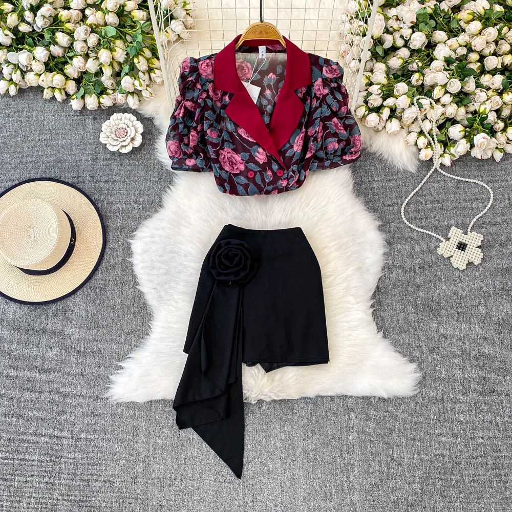 

Women Summer puff sleeve print Fashion Set Top hotsweet Casual Two Piece Set mini dress pencil dress
