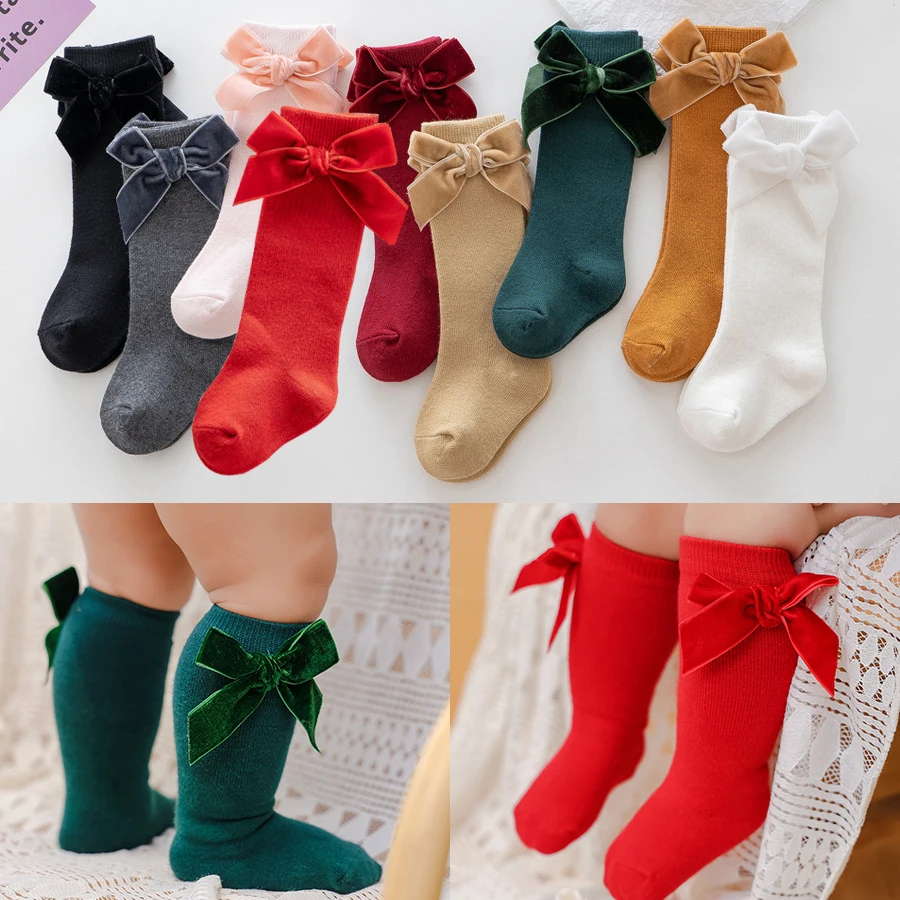 

New Winter Children Socks With Bows Girls Knee High Sock Cotton Newborn Baby Long Socken Toddler 0-3Years