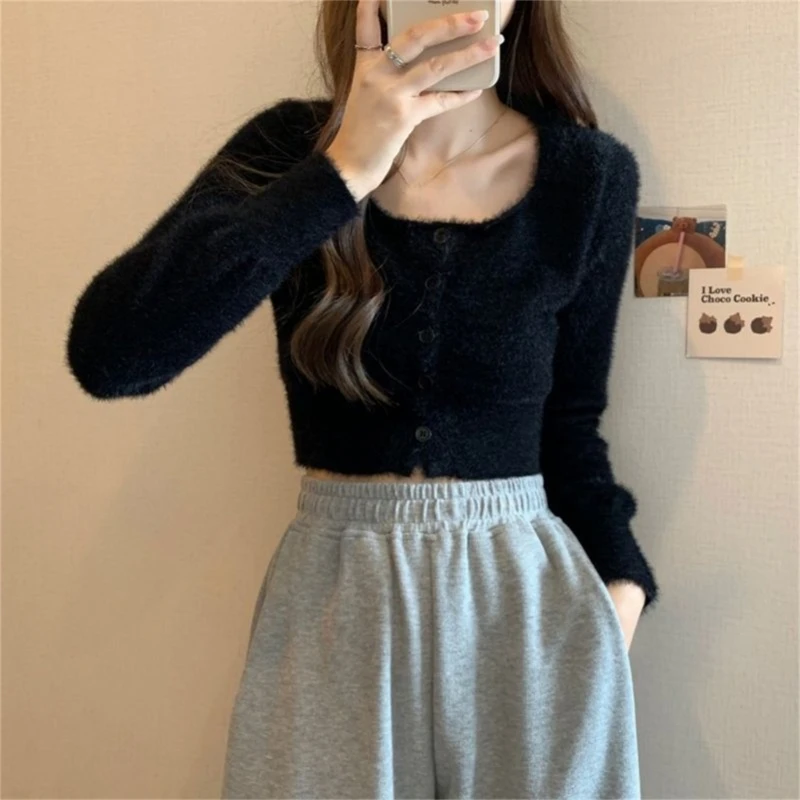 Women Furry Knitted Long Sleeve Cardigan Sexy Square Neck Button Down Solid Color Slim Fit Sweater Lady Casual Knitwear Crop Top