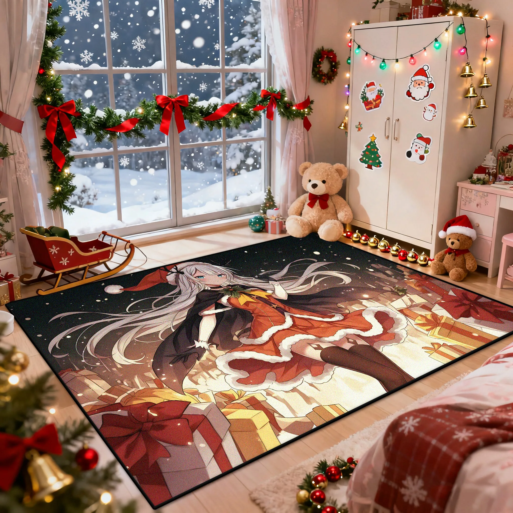 Christmas Anime Style Living Room Carpet Fashion Cute Decoration Home Bedroom Bedside Plush Rug Cloakroom Non-slip Washable Mat