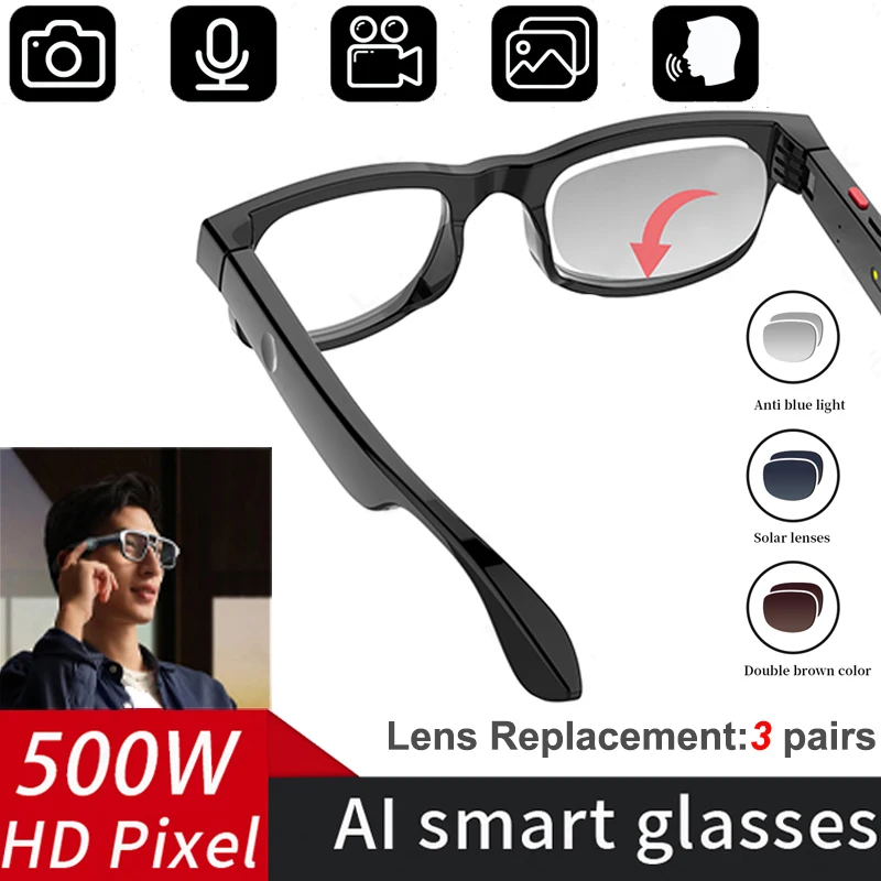 

500W AI Smart Camera Sunglasses 3 in 1 Lens Translate Smart Glasses Voice Call Video Recording Anti-blue Light Bluetooth Glasses