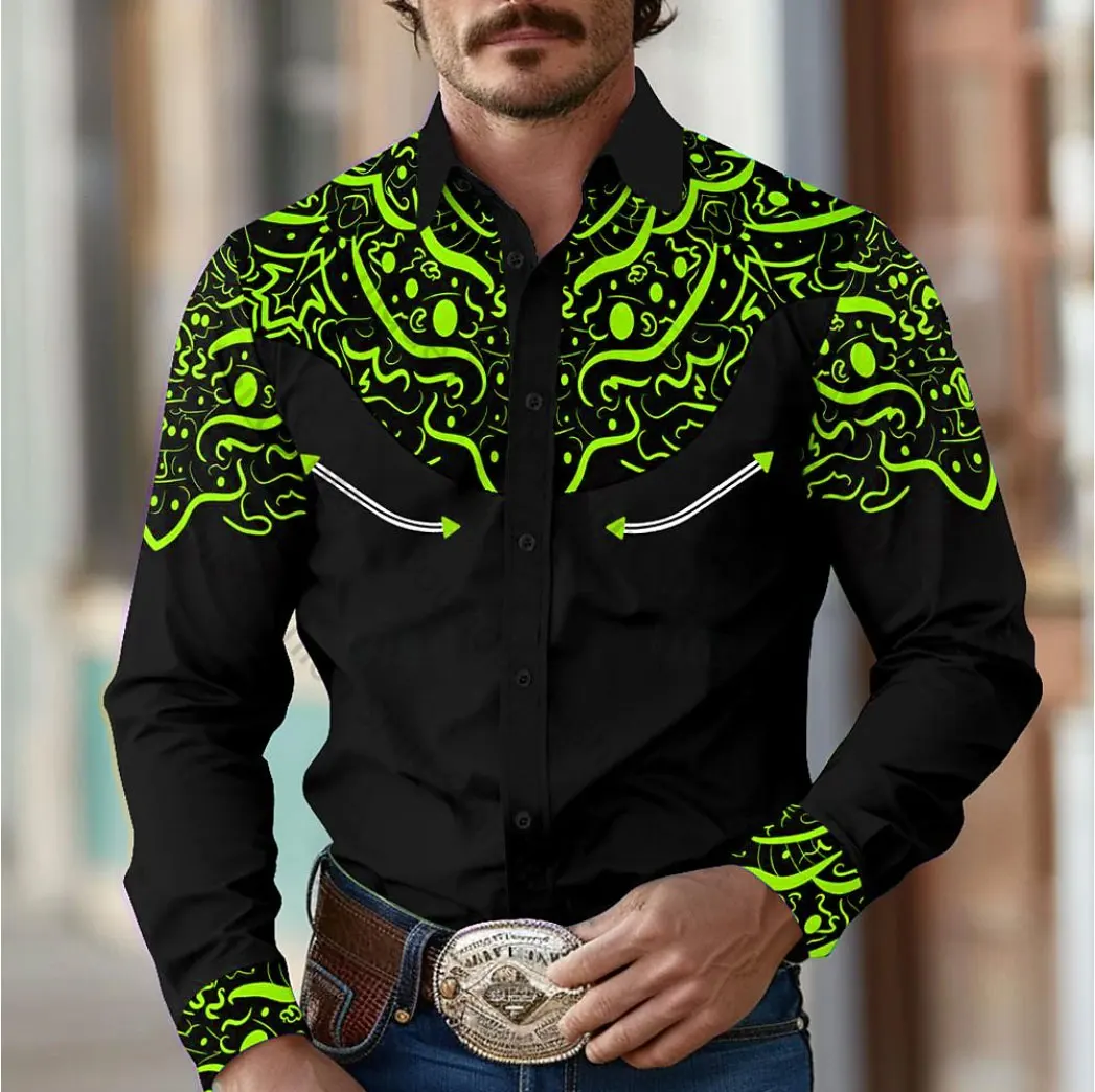 Men\'s shirt western cowboy style fashion loose lapel long sleeve shirt large size XS-6XL fast delivery