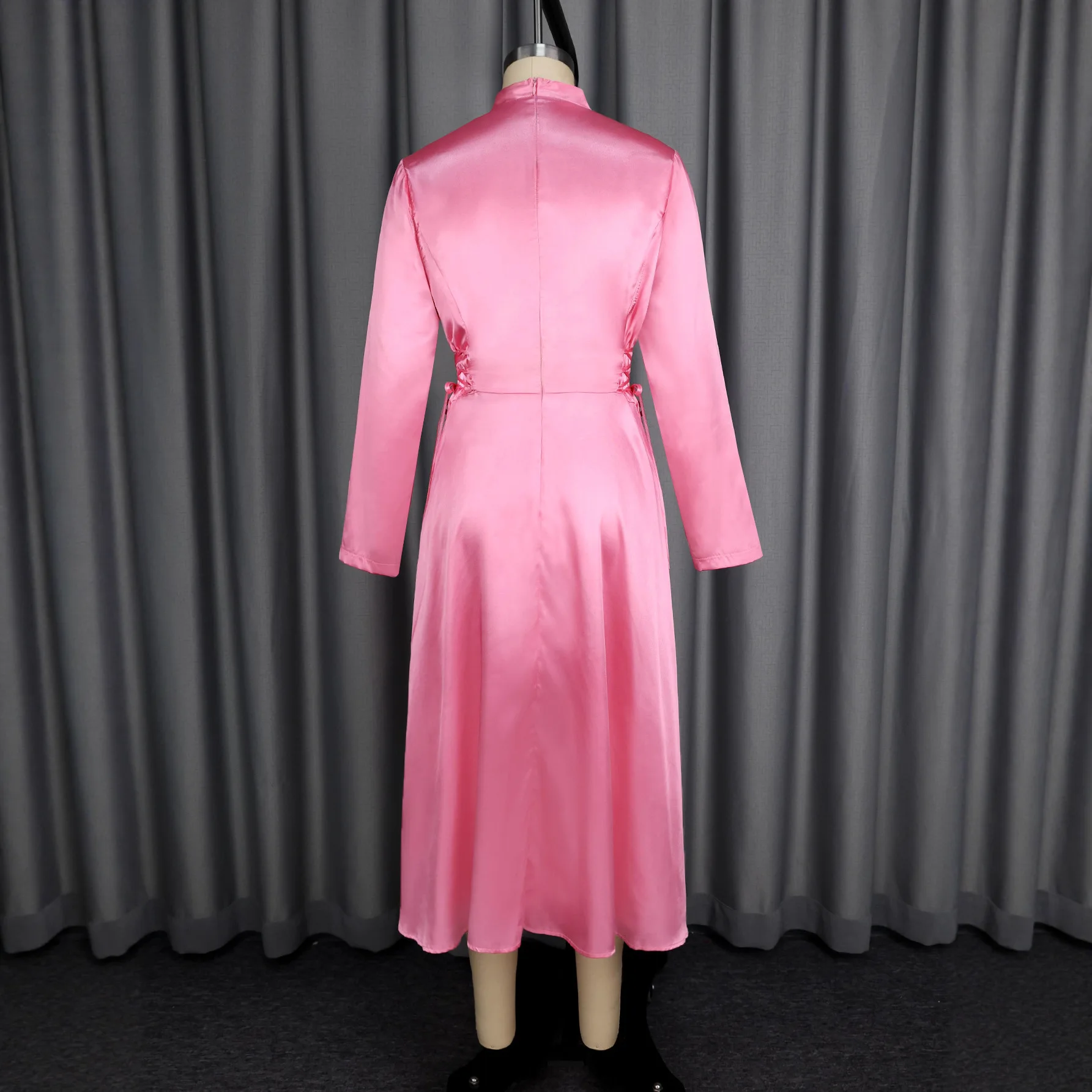 가을 새틴 스탠드 칼라 긴팔 드레스 우아한 리본 허리 조임 이브닝 가운 2025 여름 드레스 로브 베스티도 여성용